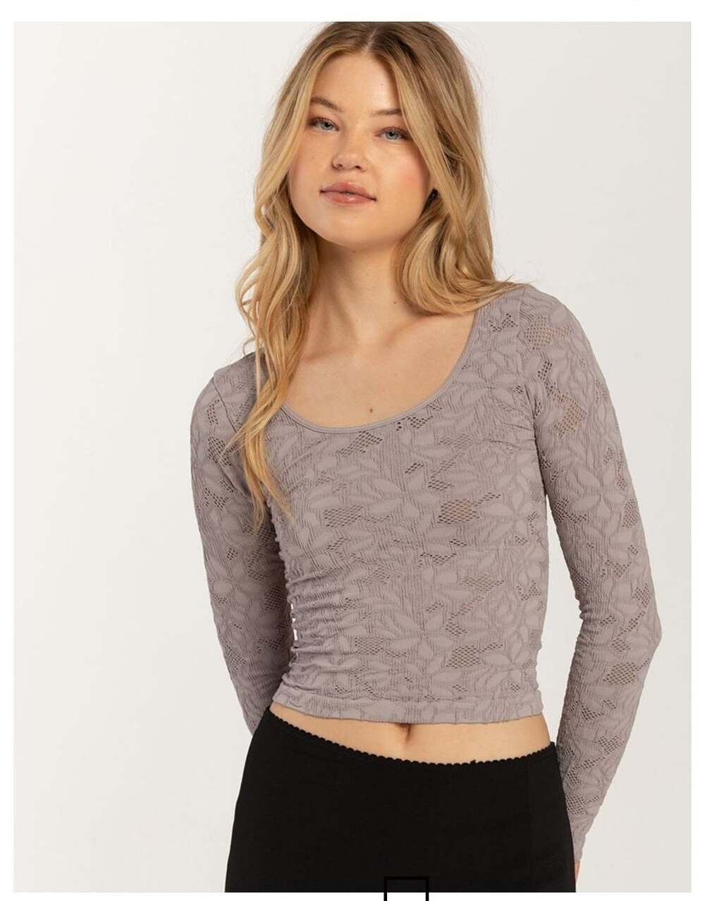RSQ Womens Seamless Textured Lace Scoop Neck Long Sleeve Tee Gray Coquette S/M